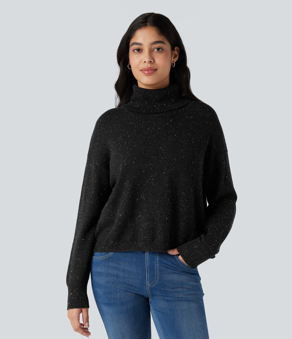 High Neck Long Sleeve Casual Jumper — Black — view 5
