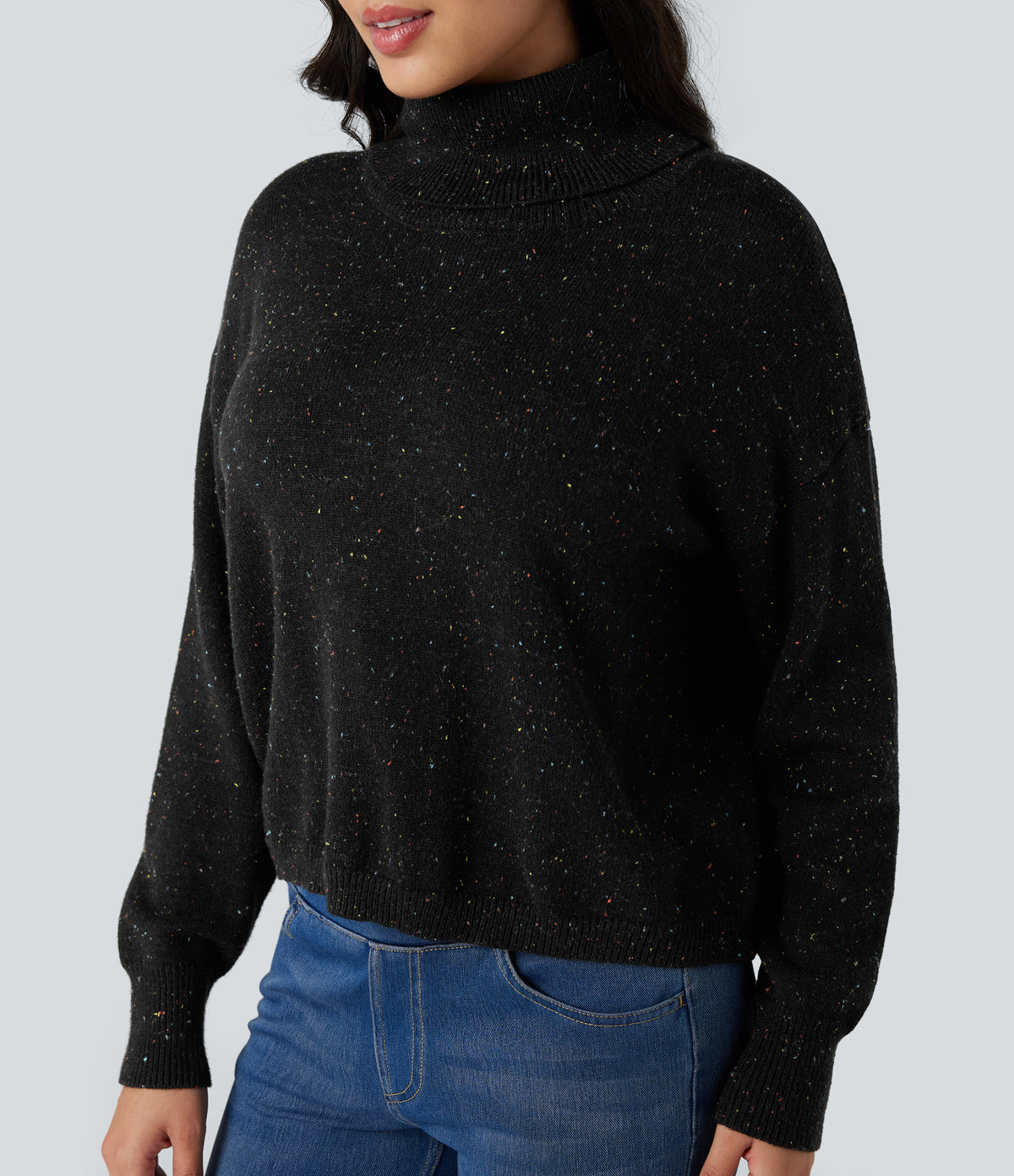 High Neck Long Sleeve Casual Jumper — Black — view 4