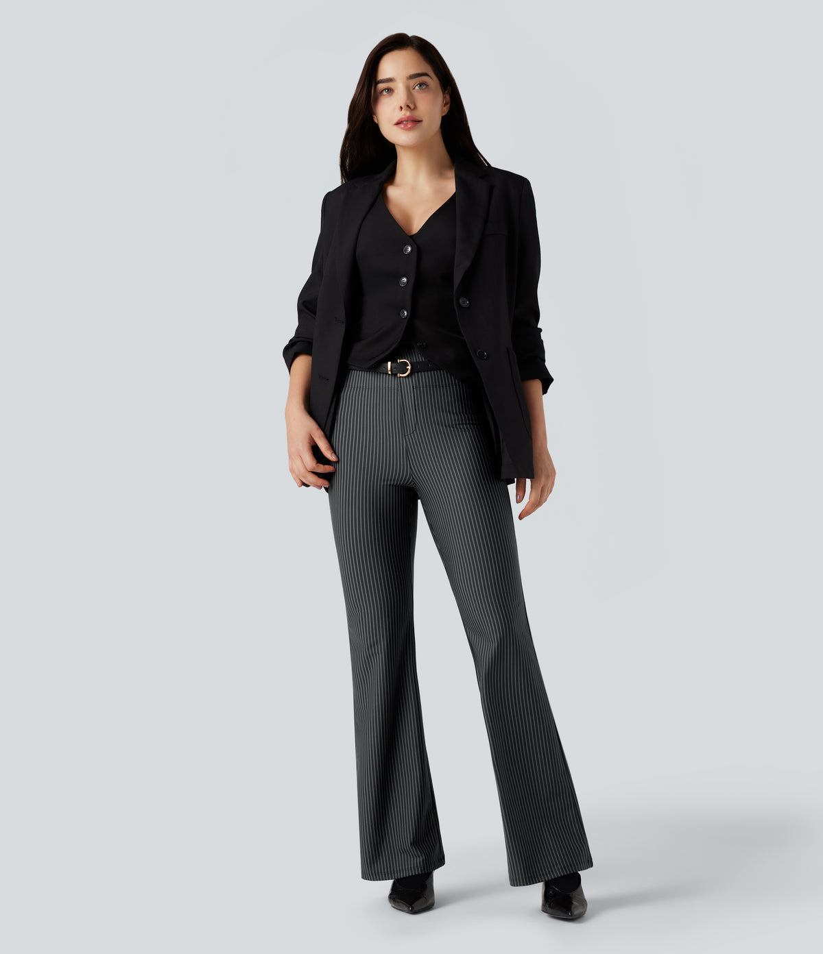 High Waisted Striped Work Flared Trousers with Pockets — Steel Stripe — view 6
