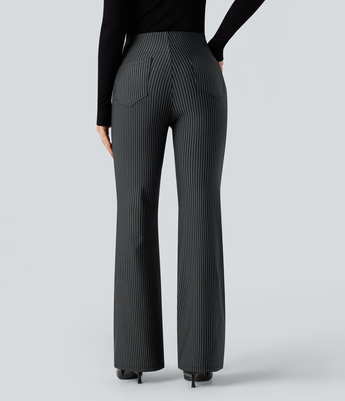 High Waisted Striped Work Flared Trousers with Pockets — Steel Stripe — view 2