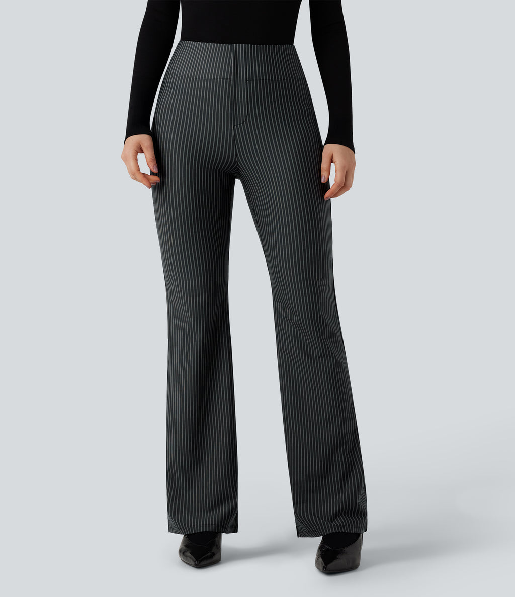 High Waisted Striped Work Flared Trousers with Pockets — Steel Stripe — view 3