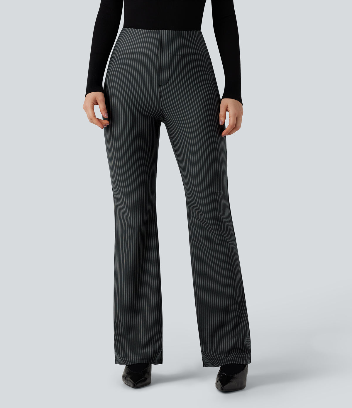 High Waisted Striped Work Flared Trousers with Pockets — Steel Stripe — view 3