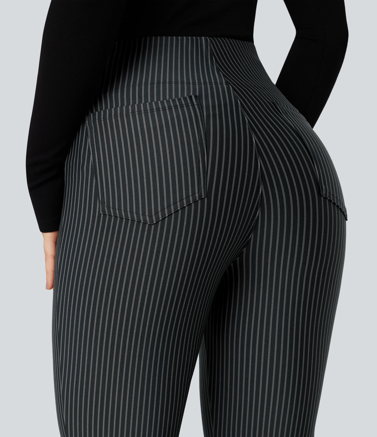 High Waisted Striped Work Flared Trousers with Pockets — Steel Stripe — view 5