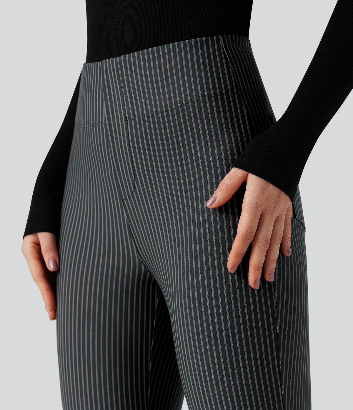 High Waisted Striped Work Flared Trousers with Pockets — Steel Stripe — view 4