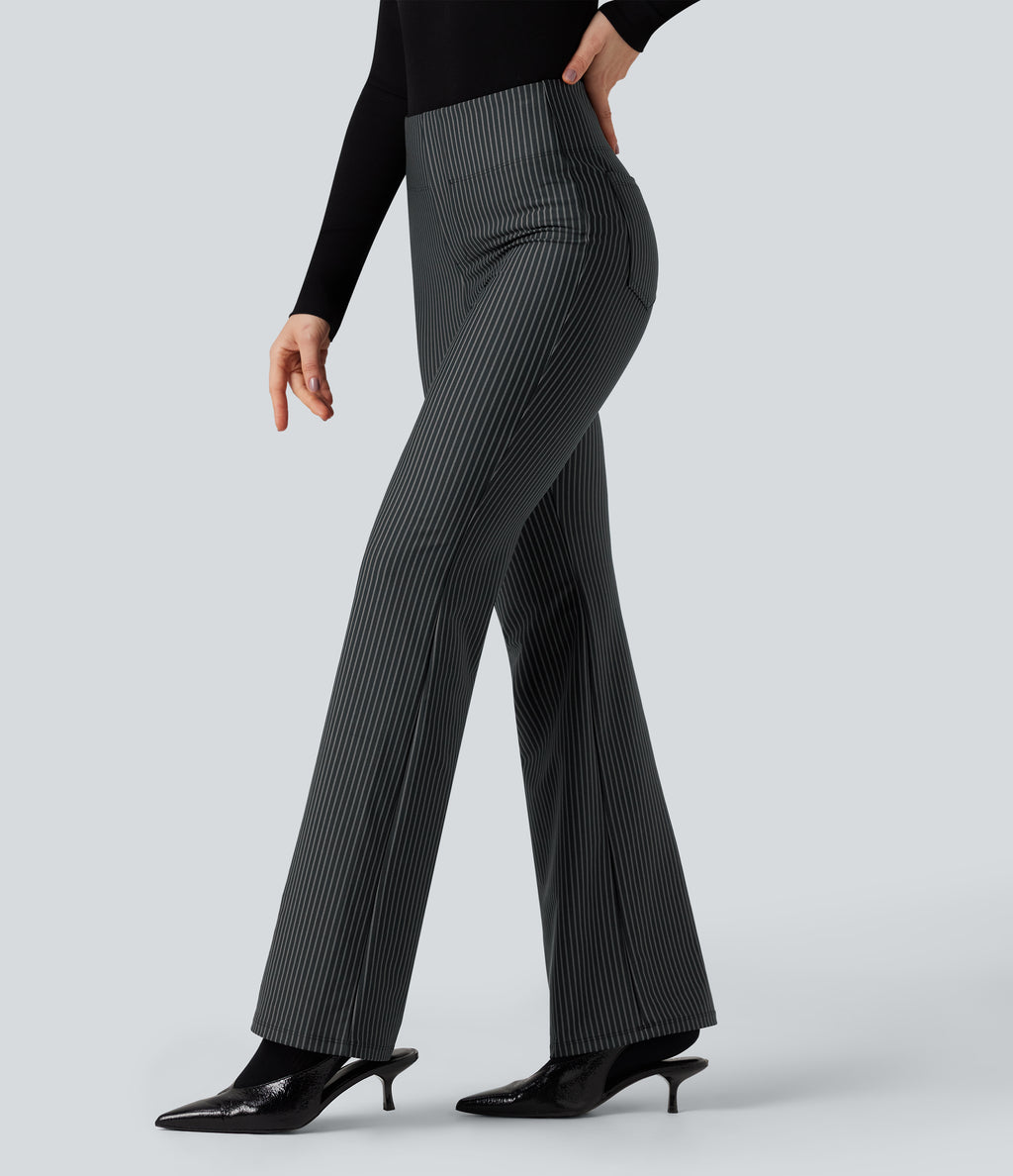 High Waisted Striped Work Flared Trousers with Pockets — Steel Stripe — view 1