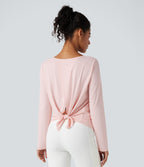 Scoop Neck Long Sleeve Split Relaxed Yoga Sports Top — Mauve Morn — view 7