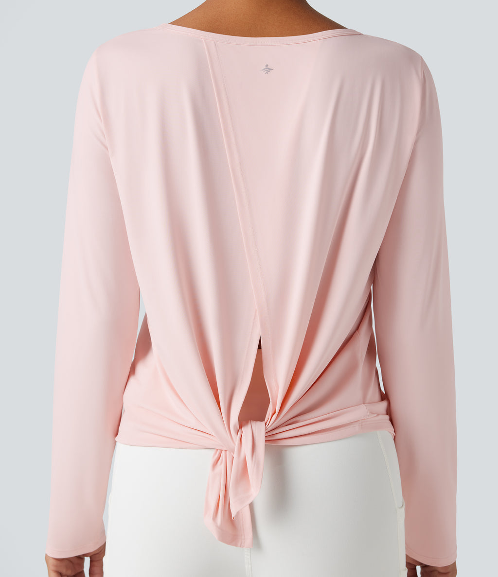 Scoop Neck Long Sleeve Split Relaxed Yoga Sports Top — Mauve Morn — view 6