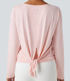 Scoop Neck Long Sleeve Split Relaxed Yoga Sports Top — Mauve Morn — view 6