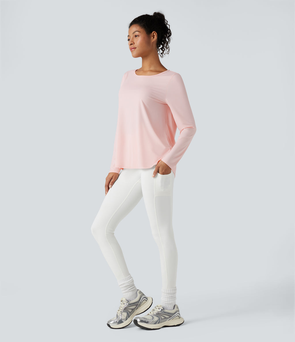 Scoop Neck Long Sleeve Split Relaxed Yoga Sports Top — Mauve Morn — view 8