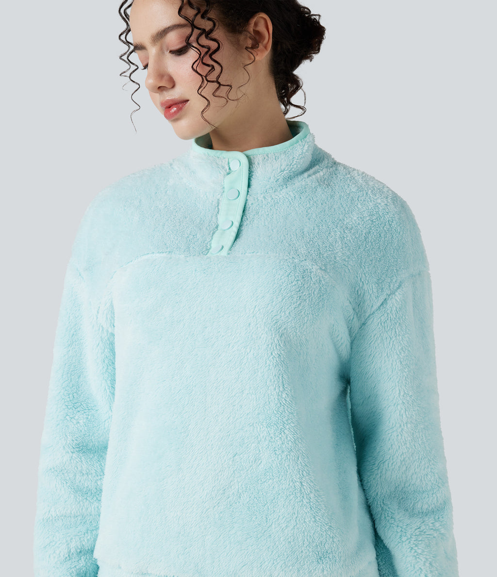 Stand Collar Button Casual Fleece Sweatshirt — Blue Glow — view 5