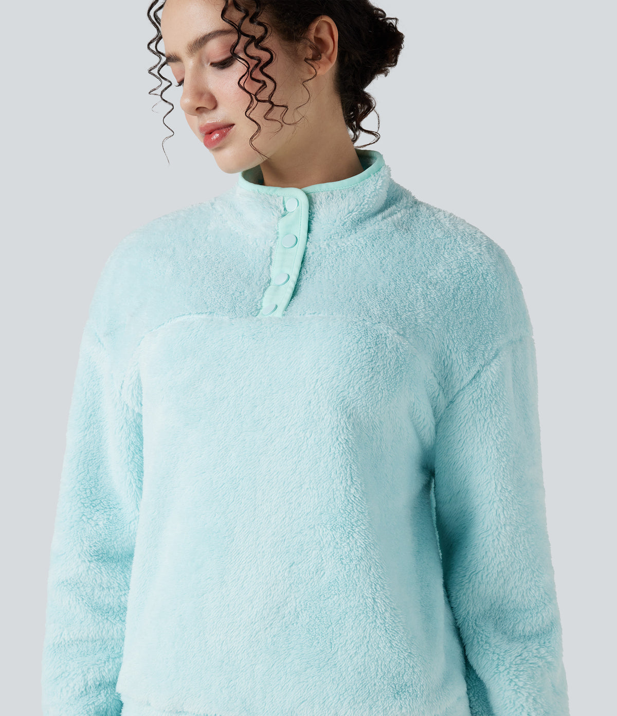 Stand Collar Button Casual Fleece Sweatshirt — Blue Glow — view 5
