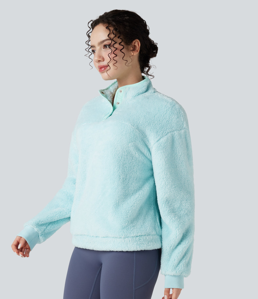Stand Collar Button Casual Fleece Sweatshirt — Blue Glow — view 3