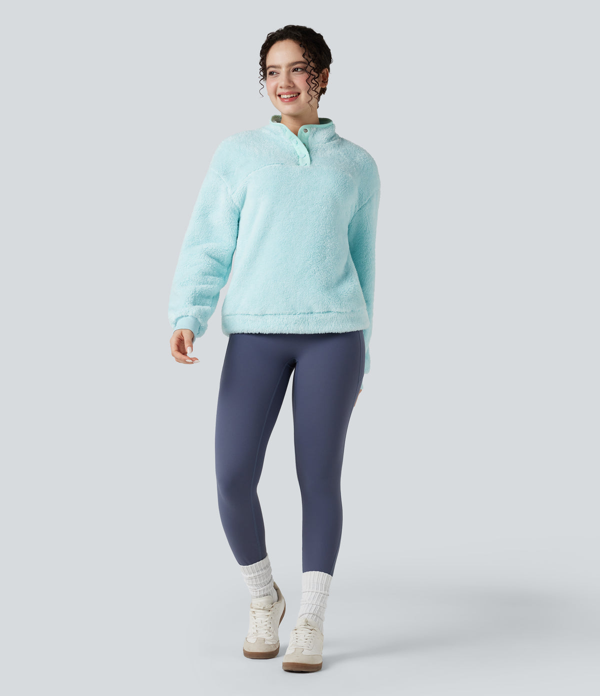 Stand Collar Button Casual Fleece Sweatshirt — Blue Glow — view 7
