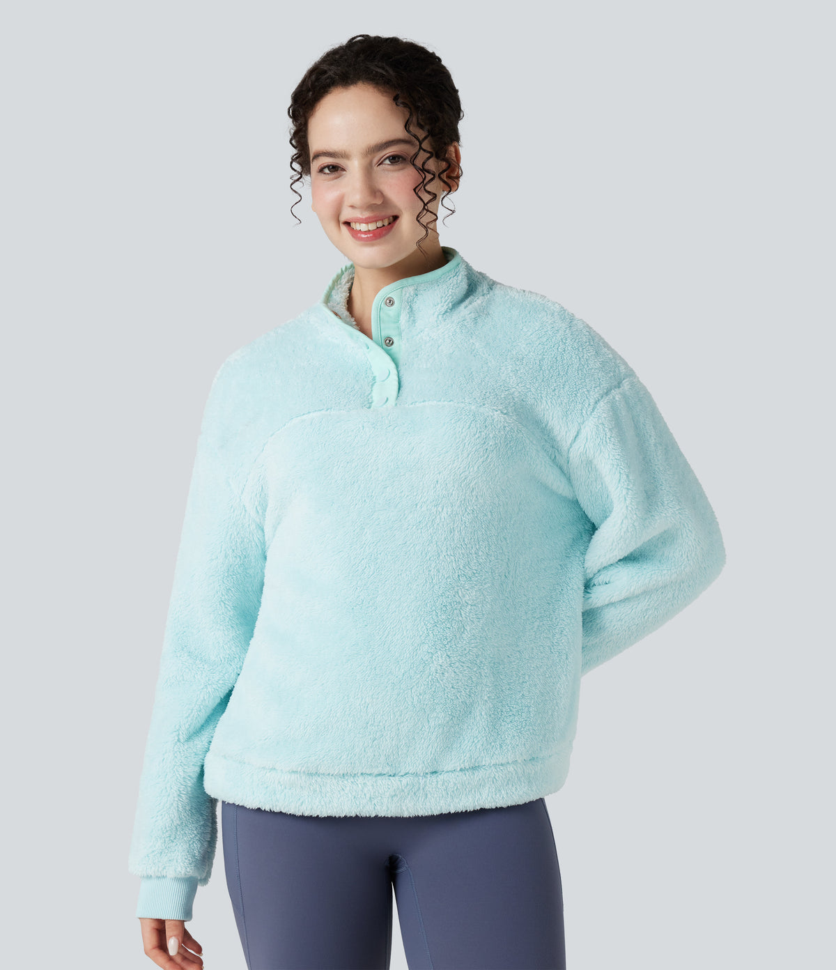 Stand Collar Button Casual Fleece Sweatshirt — Blue Glow — view 1