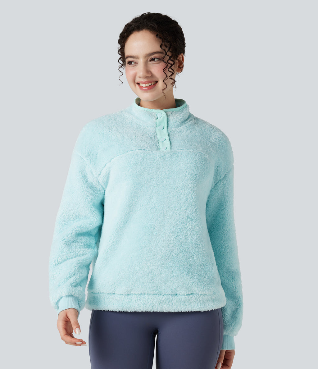 Stand Collar Button Casual Fleece Sweatshirt — Blue Glow — view 6