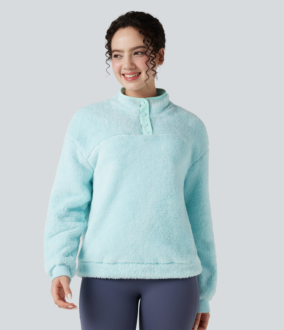 Stand Collar Button Casual Fleece Sweatshirt — Blue Glow — view 6