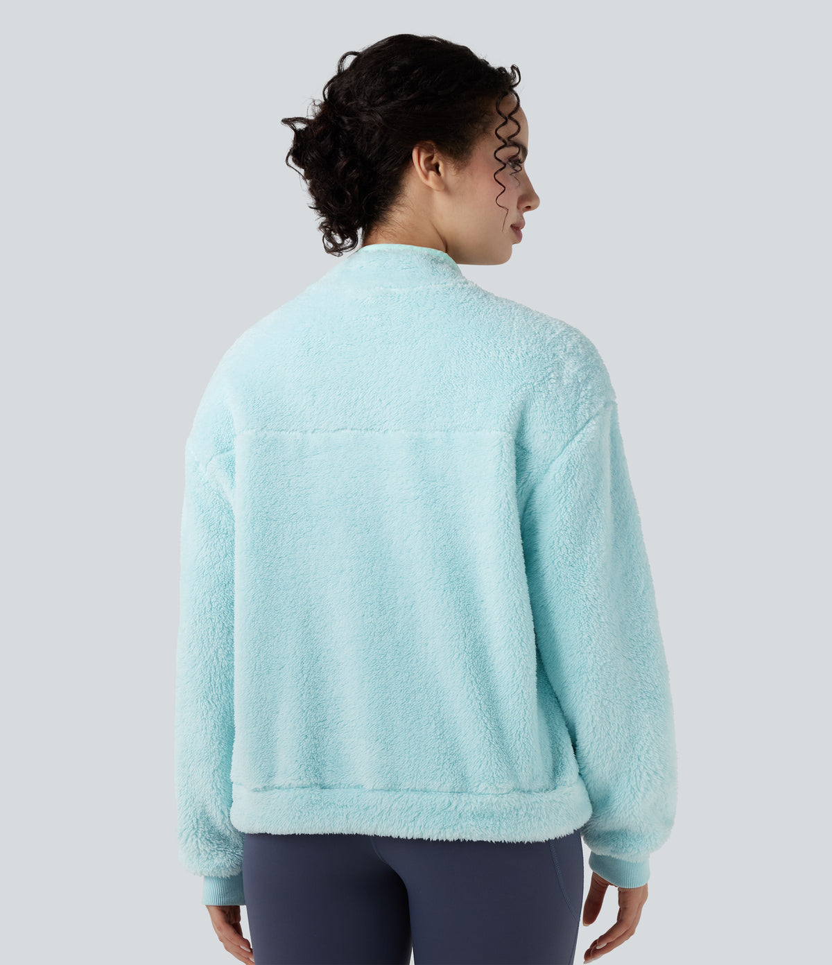 Stand Collar Button Casual Fleece Sweatshirt — Blue Glow — view 2
