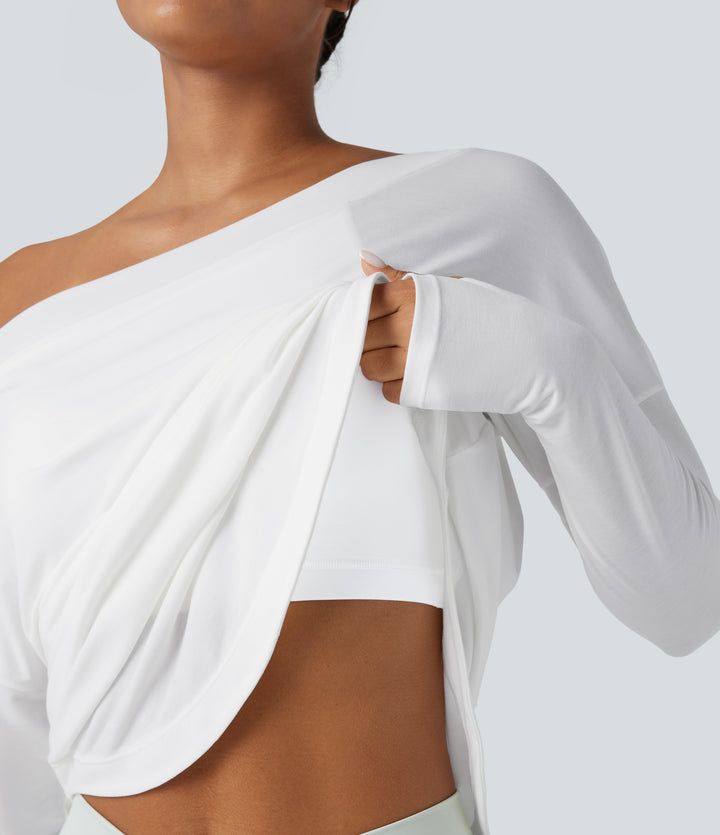 One Shoulder Long Sleeve Thumb Hole Curved Hem High Low Quick Dry Yoga Sports Top-Built-in Bra — White — view 1