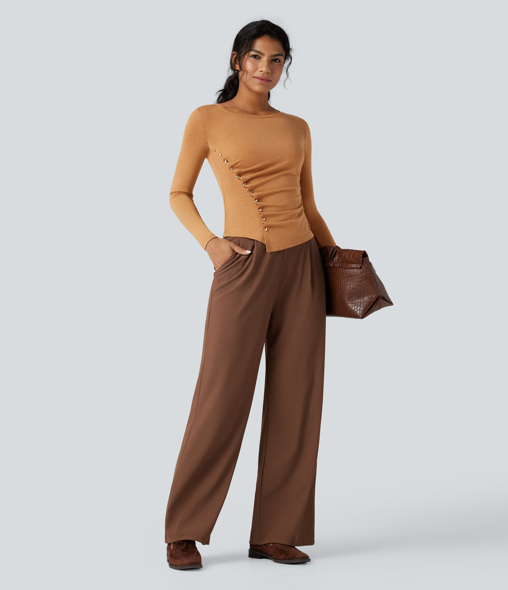 Round Neck Long Sleeve Asymmetric Hem Work T-Shirt — Pumpkin Orange Floral Yarn — view 5