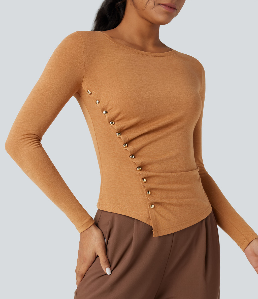 Round Neck Long Sleeve Asymmetric Hem Work T-Shirt — Pumpkin Orange Floral Yarn — view 1