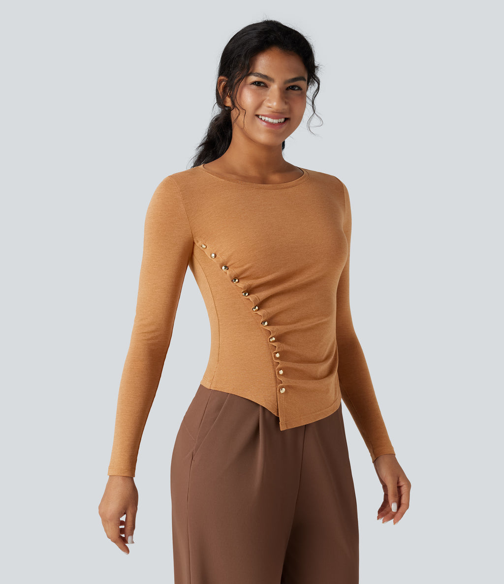 Round Neck Long Sleeve Asymmetric Hem Work T-Shirt — Pumpkin Orange Floral Yarn — view 4