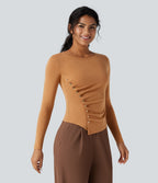 Round Neck Long Sleeve Asymmetric Hem Work T-Shirt — Pumpkin Orange Floral Yarn — view 4