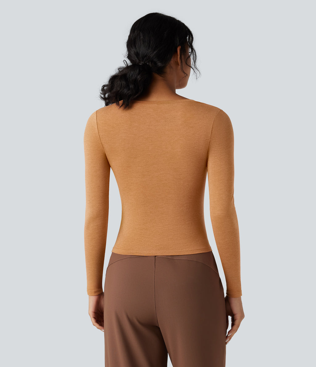Round Neck Long Sleeve Asymmetric Hem Work T-Shirt — Pumpkin Orange Floral Yarn — view 2