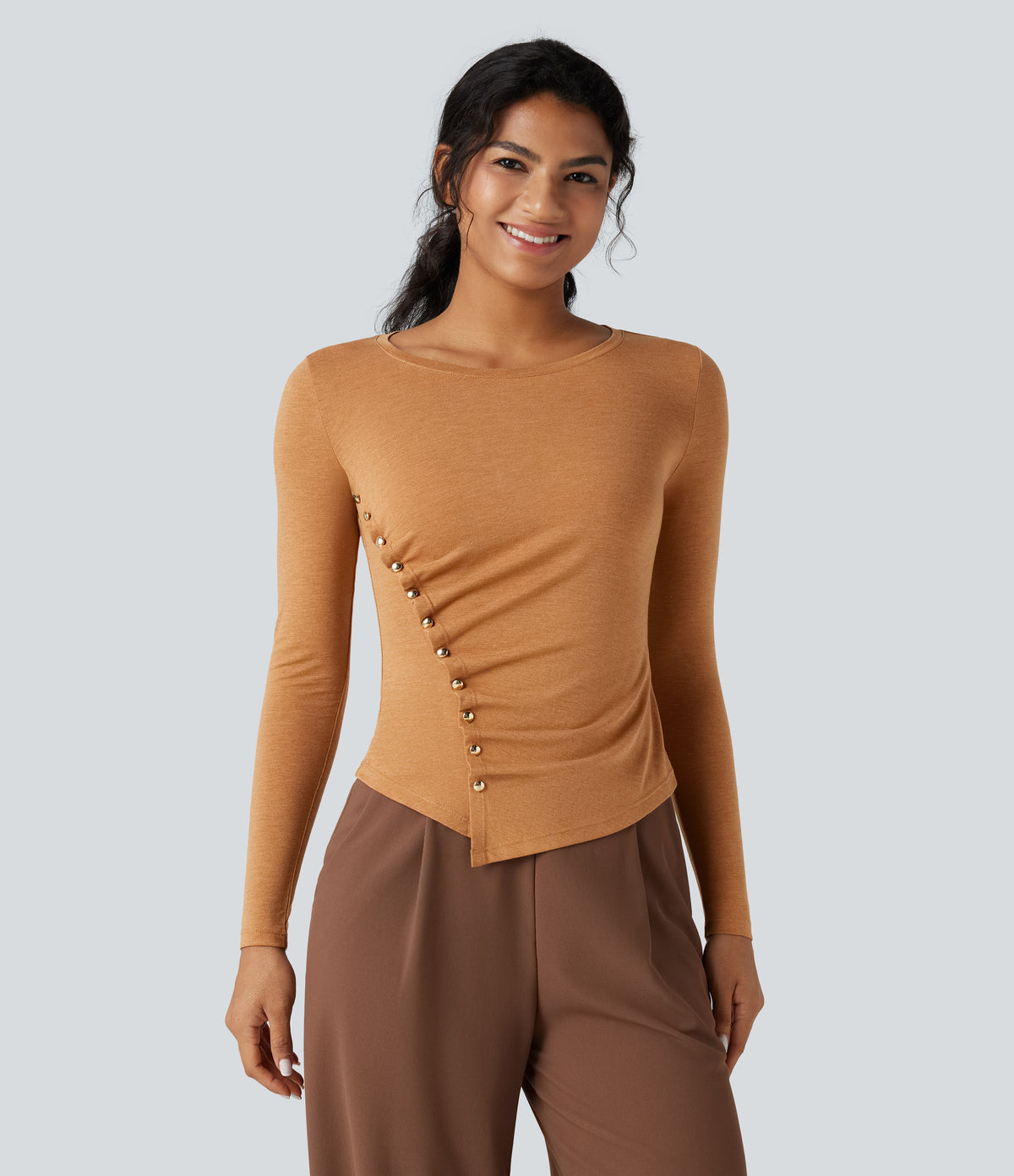 Round Neck Long Sleeve Asymmetric Hem Work T-Shirt — Pumpkin Orange Floral Yarn — view 3