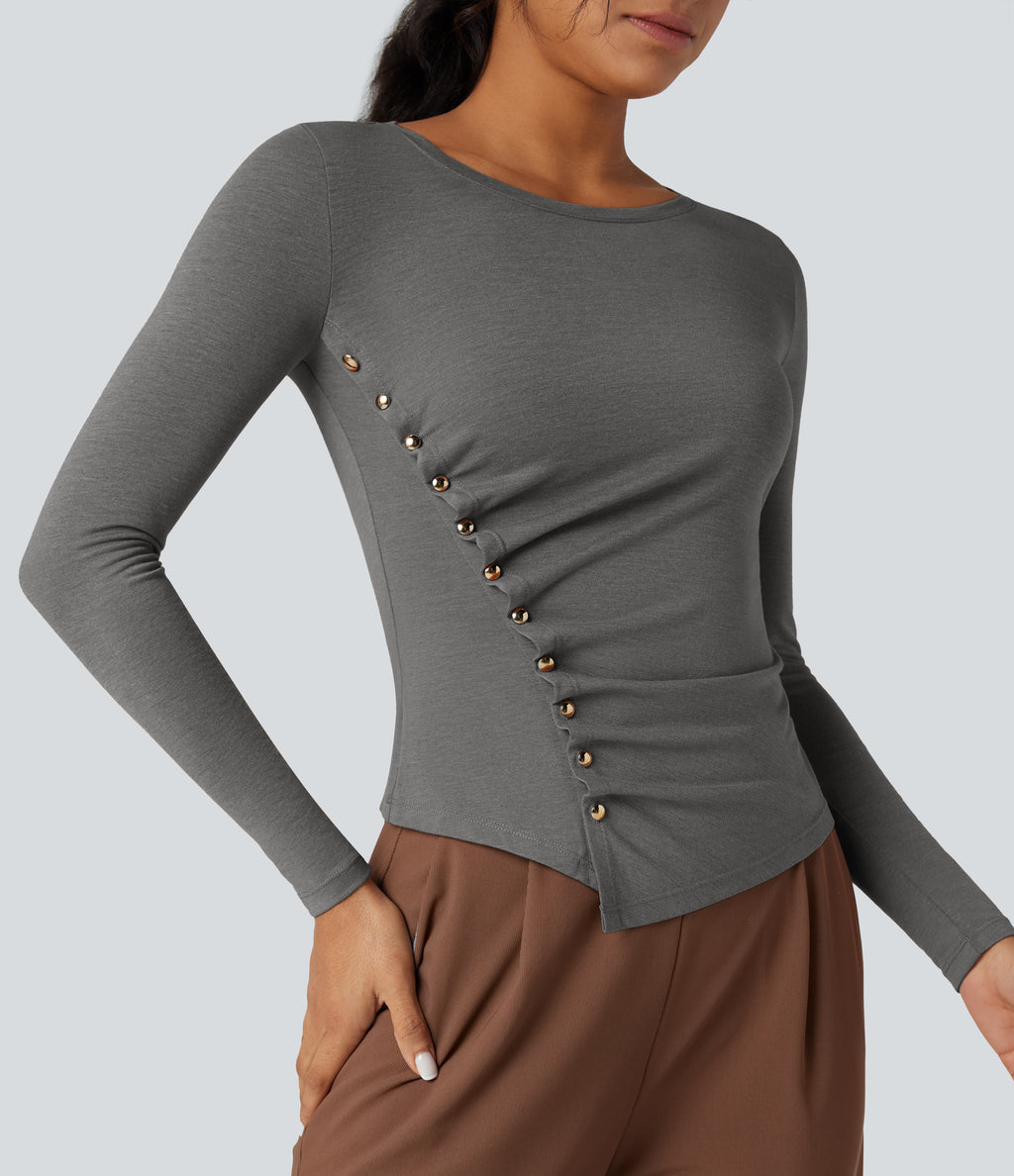 Round Neck Long Sleeve Asymmetric Hem Work T-Shirt — Darl Gray Floral Yarn — view 6