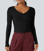 Ribbed Knit V Neck Long Sleeve Cropped Work T-Shirt — Black — view 4
