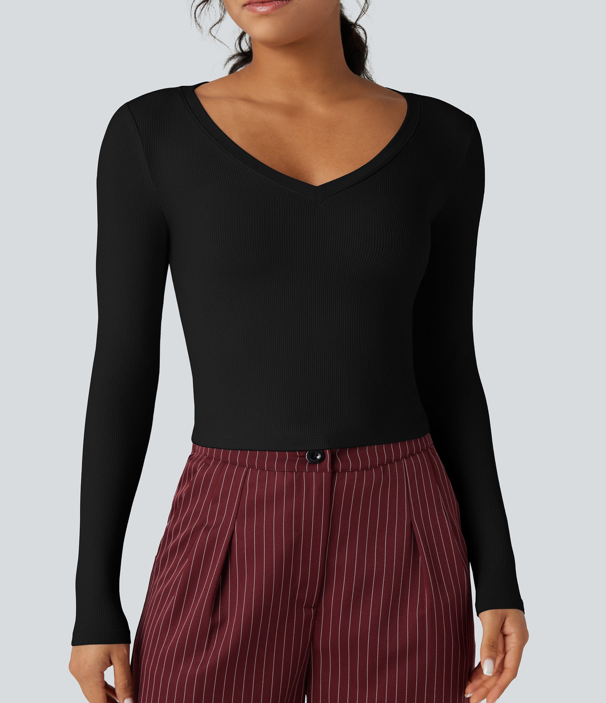 Ribbed Knit V Neck Long Sleeve Cropped Work T-Shirt — Black — view 4