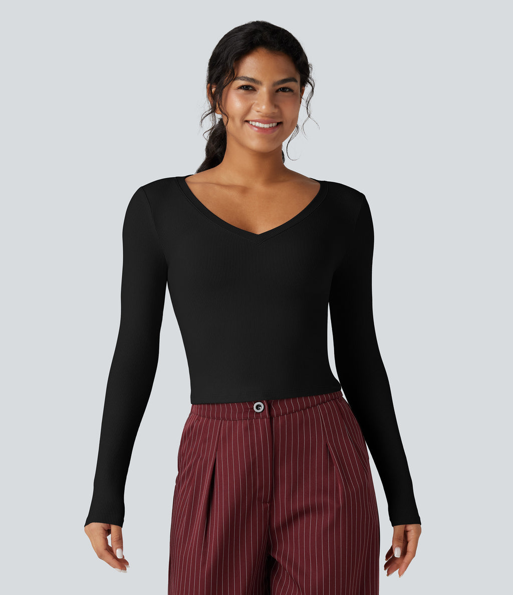 Ribbed Knit V Neck Long Sleeve Cropped Work T-Shirt — Black — view 1