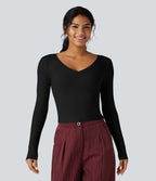 Ribbed Knit V Neck Long Sleeve Cropped Work T-Shirt — Black — view 1
