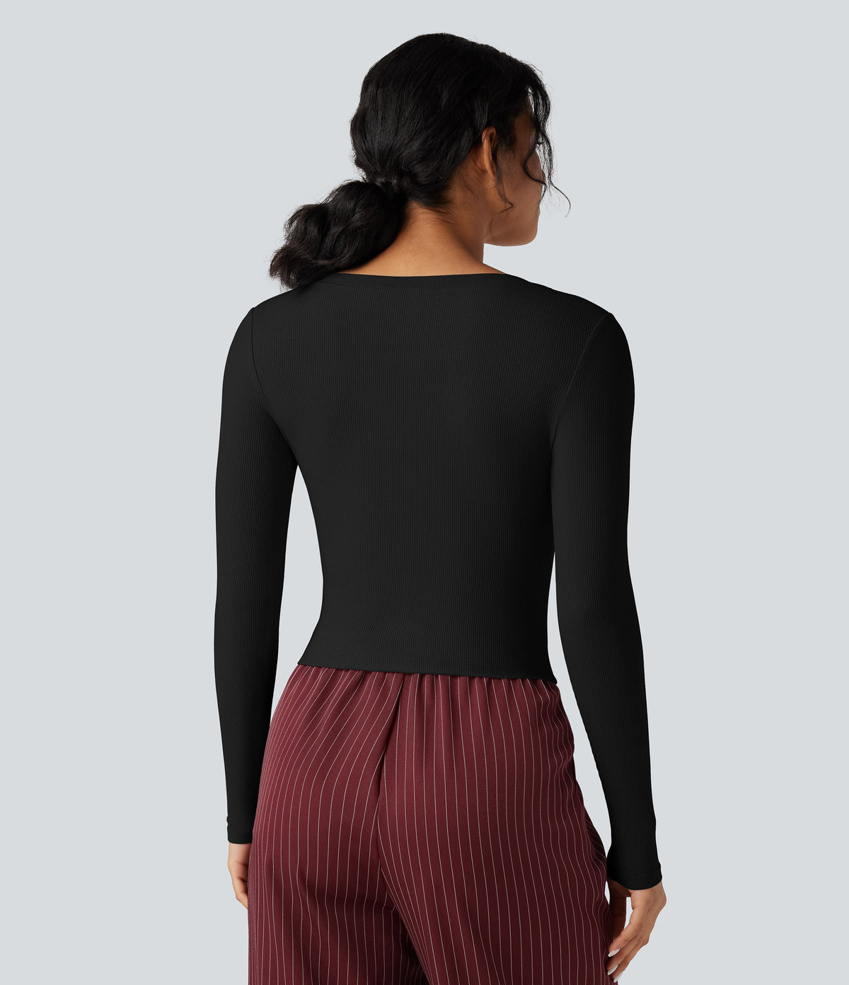 Ribbed Knit V Neck Long Sleeve Cropped Work T-Shirt — Black — view 2