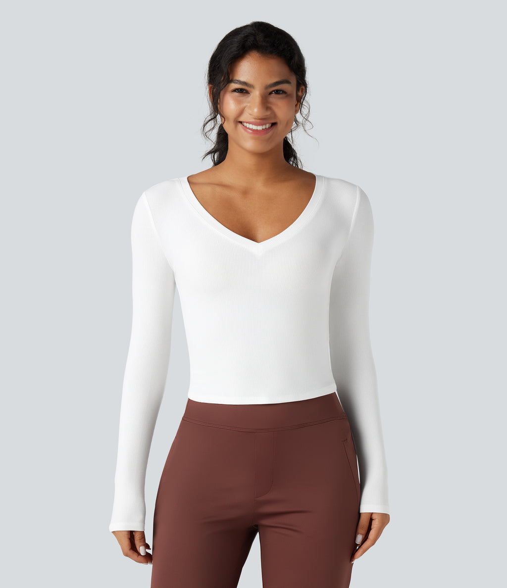 Ribbed Knit V Neck Long Sleeve Cropped Work T-Shirt — White — view 6