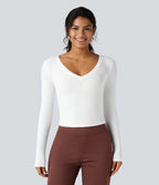 Ribbed Knit V Neck Long Sleeve Cropped Work T-Shirt — White — view 6