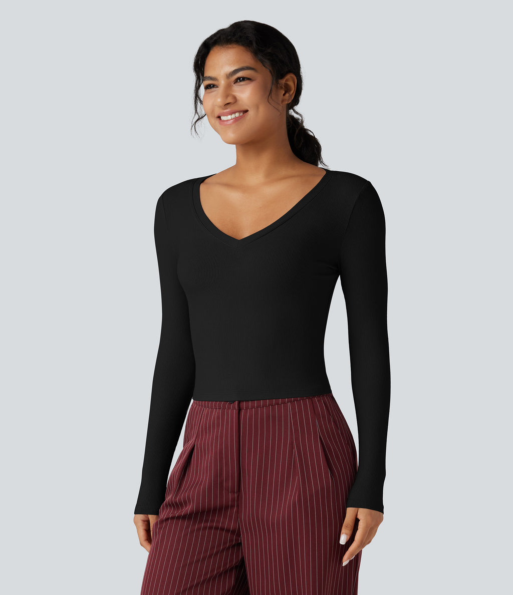 Ribbed Knit V Neck Long Sleeve Cropped Work T-Shirt — Black — view 3