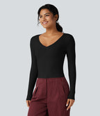 Ribbed Knit V Neck Long Sleeve Cropped Work T-Shirt — Black — view 3