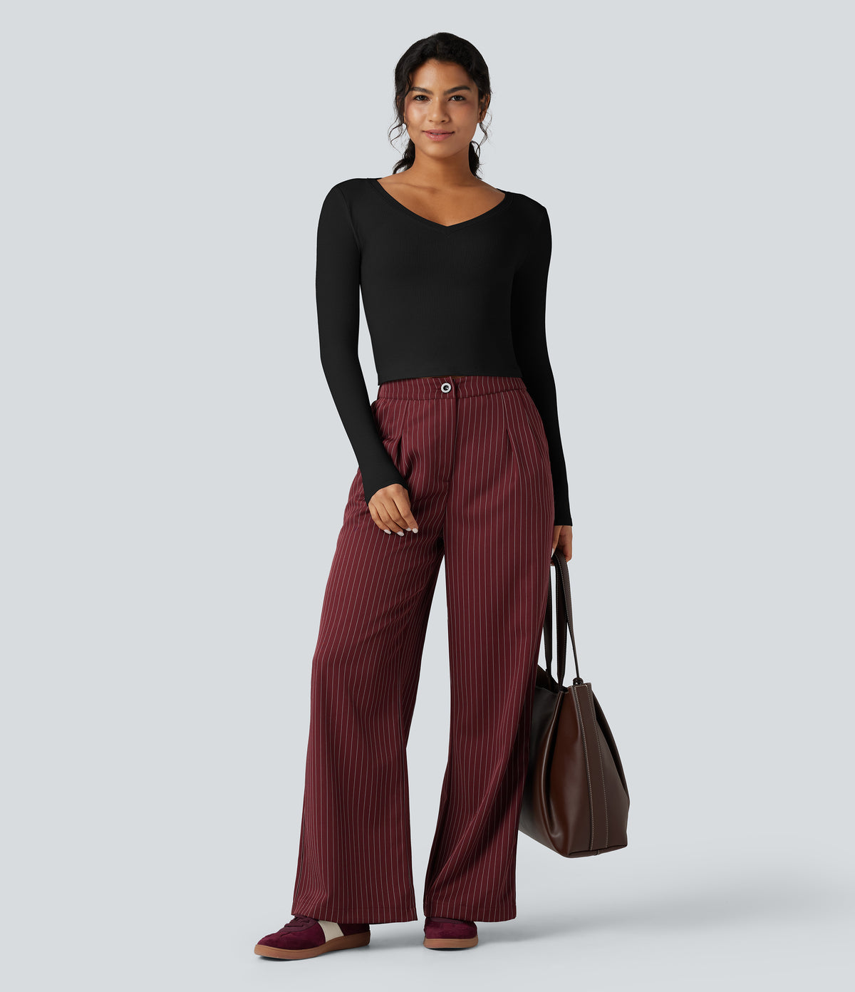 Ribbed Knit V Neck Long Sleeve Cropped Work T-Shirt — Black — view 5