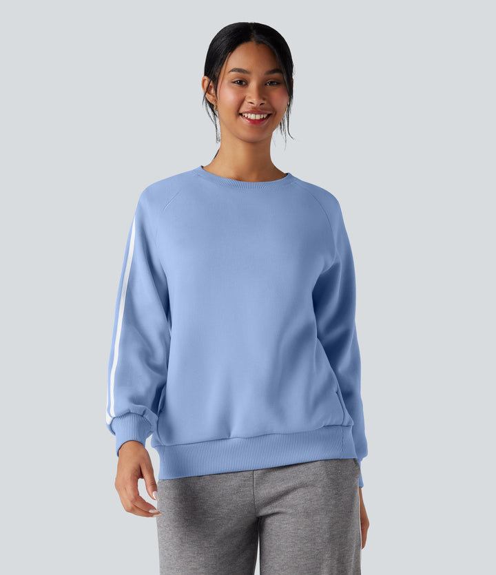 Round Neck Long Sleeve Color Block Fleece Casual Sweatshirt with Pockets — Serenity — view 1