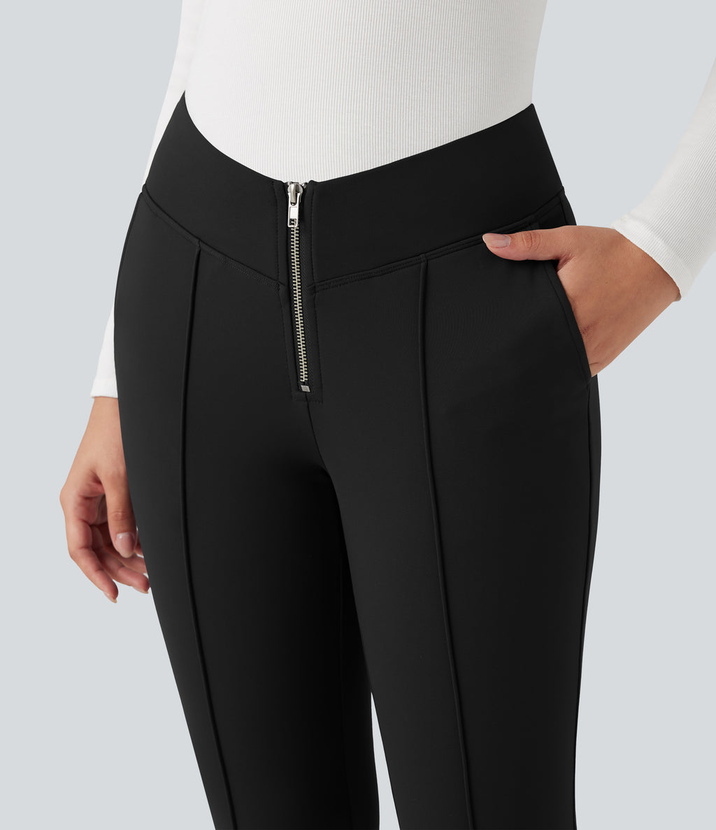 Plush Thermal V Shaped High Waisted Zipper Work Trousers with Pockets — Black — view 4