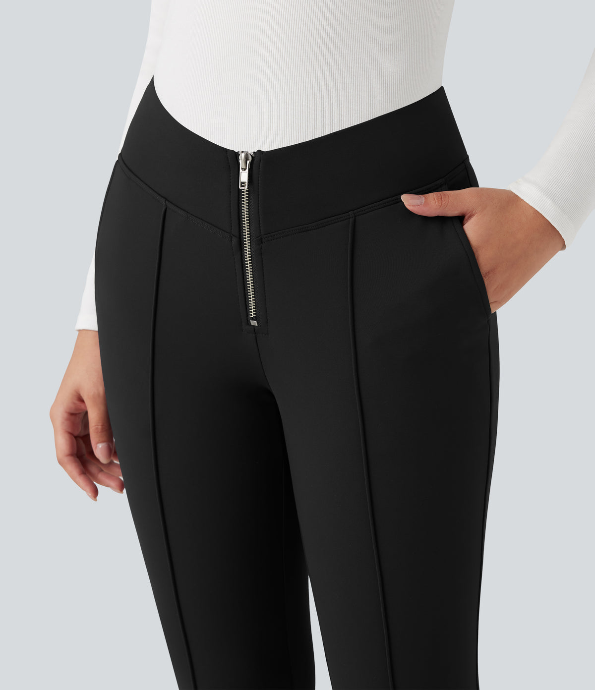 Plush Thermal V Shaped High Waisted Zipper Work Trousers with Pockets — Black — view 4