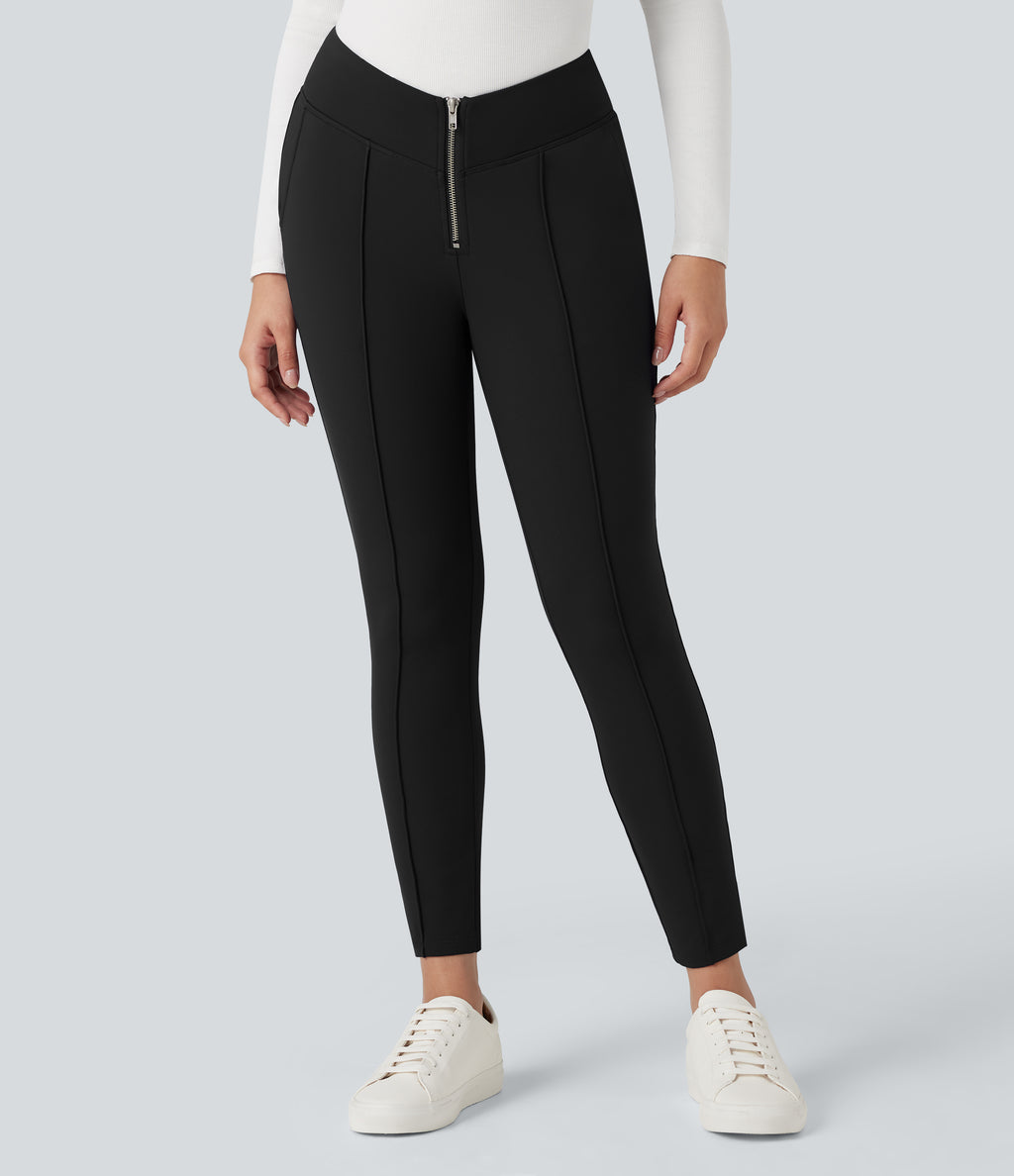 Plush Thermal V Shaped High Waisted Zipper Work Trousers with Pockets — Black — view 3