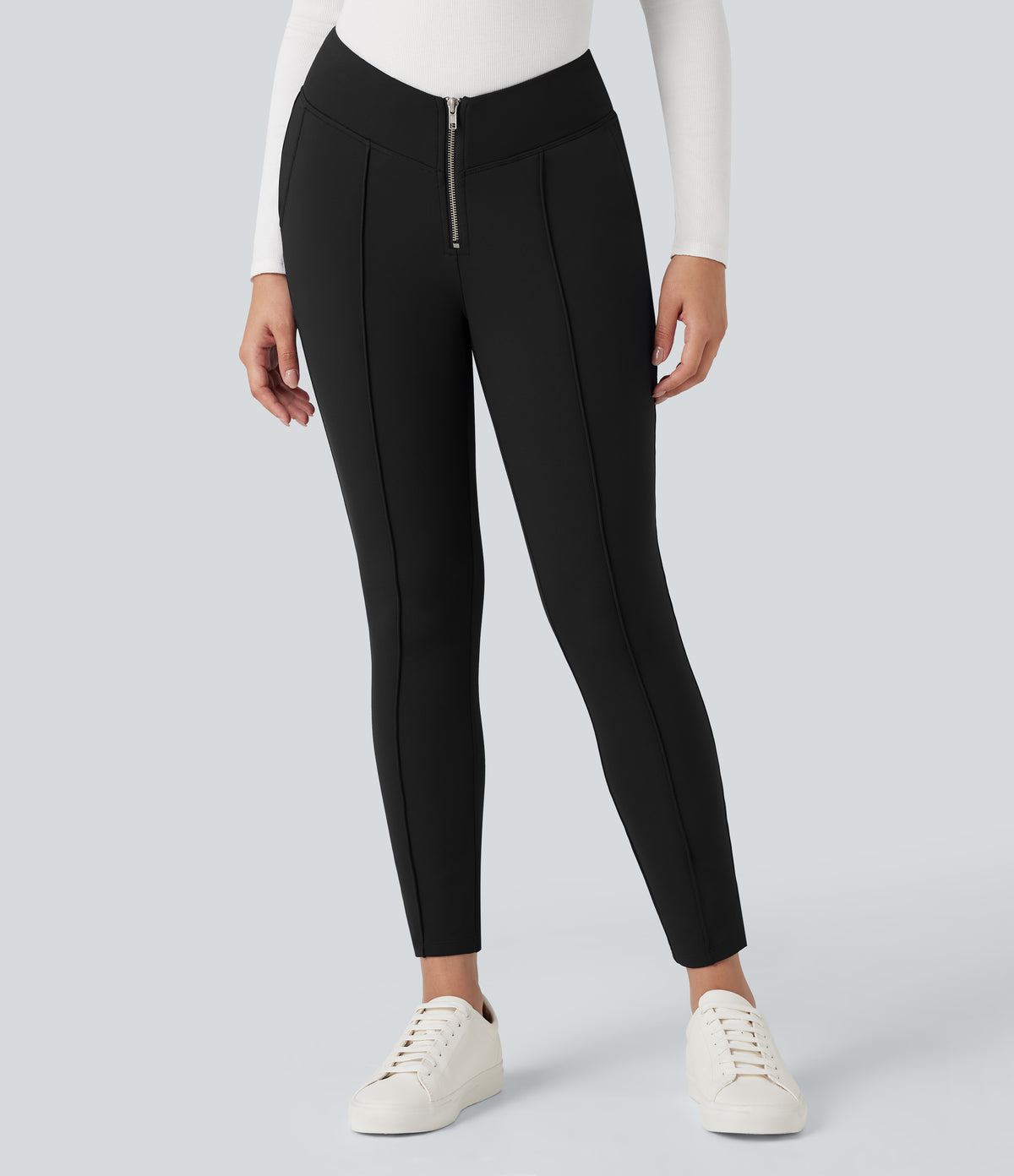 Plush Thermal V Shaped High Waisted Zipper Work Trousers with Pockets — Black — view 3