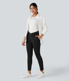 Plush Thermal V Shaped High Waisted Zipper Work Trousers with Pockets — Black — view 7