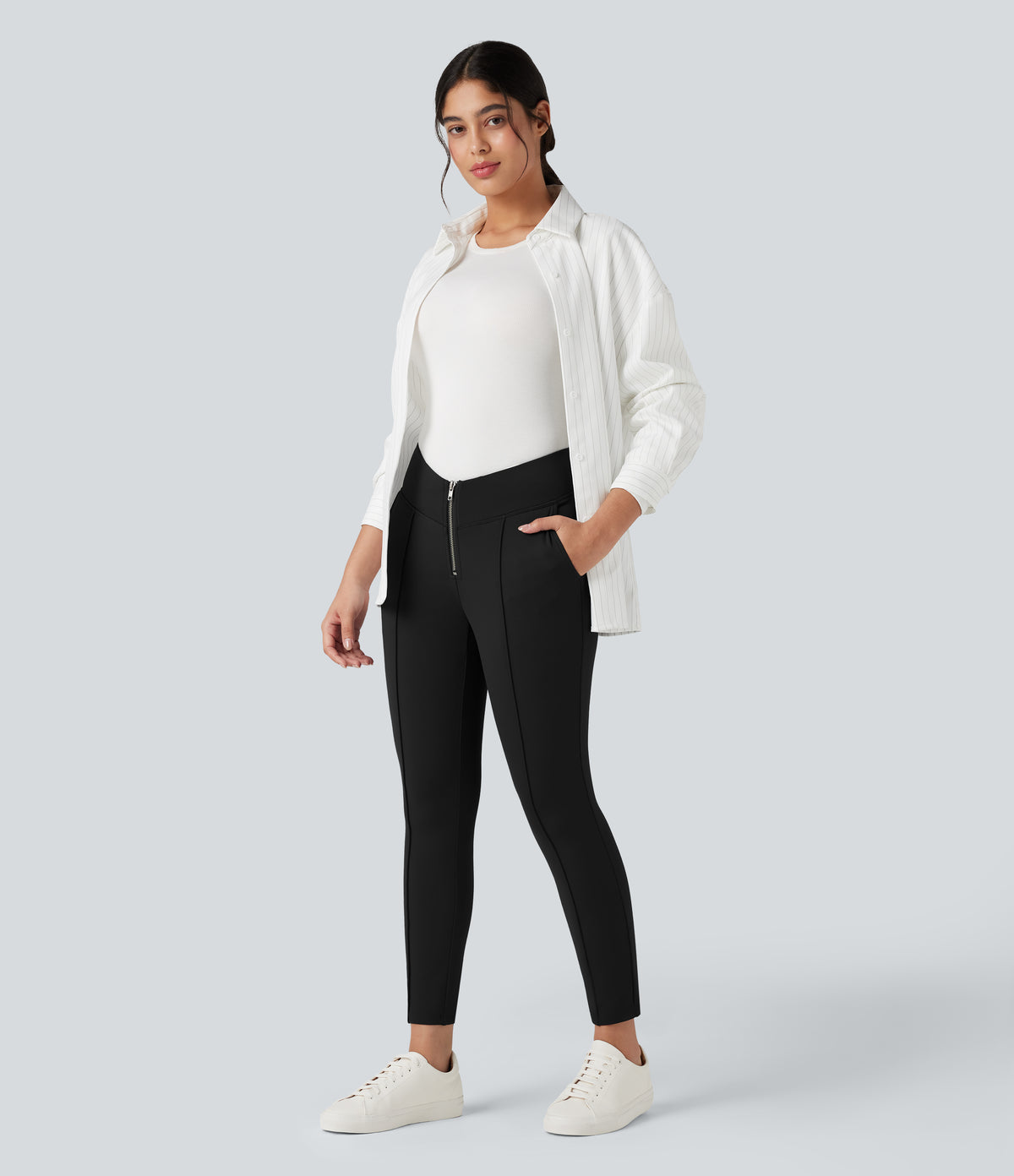 Plush Thermal V Shaped High Waisted Zipper Work Trousers with Pockets — Black — view 7