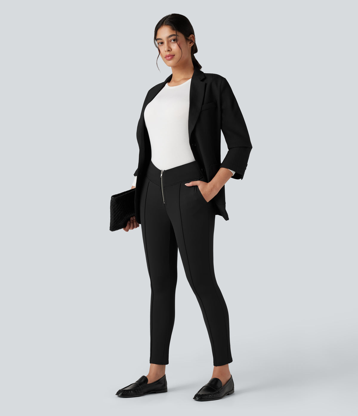 Plush Thermal V Shaped High Waisted Zipper Work Trousers with Pockets — Black — view 6