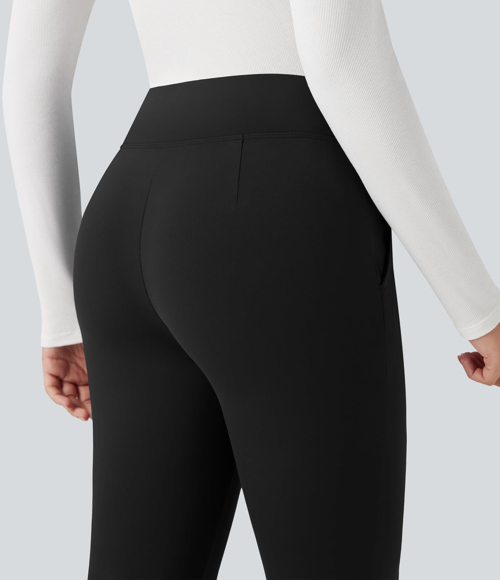 Plush Thermal V Shaped High Waisted Zipper Work Trousers with Pockets — Black — view 5
