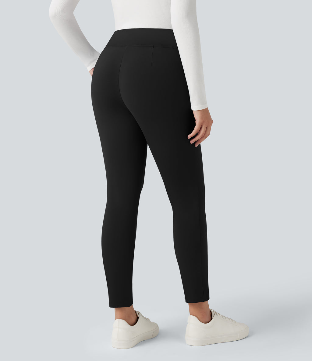 Plush Thermal V Shaped High Waisted Zipper Work Trousers with Pockets — Black — view 2
