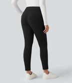 Plush Thermal V Shaped High Waisted Zipper Work Trousers with Pockets — Black — view 2